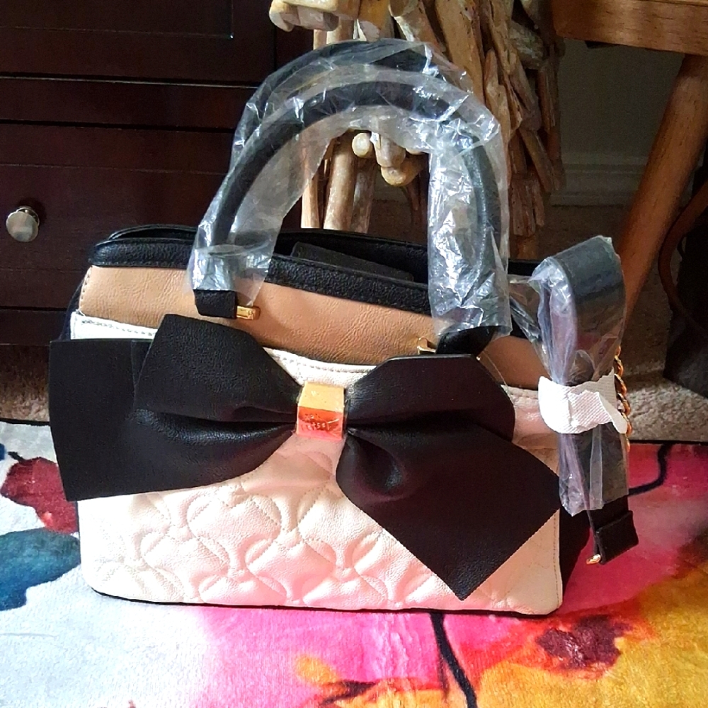 Betsey Johnson Black and Cream Satchel with Bow